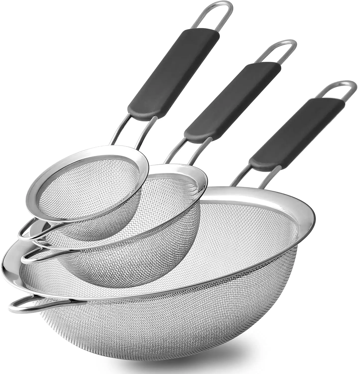

3-Pack Fine Mesh Strainers: Stainless Steel, Insulated Handles, for Pasta, Rice, Baking