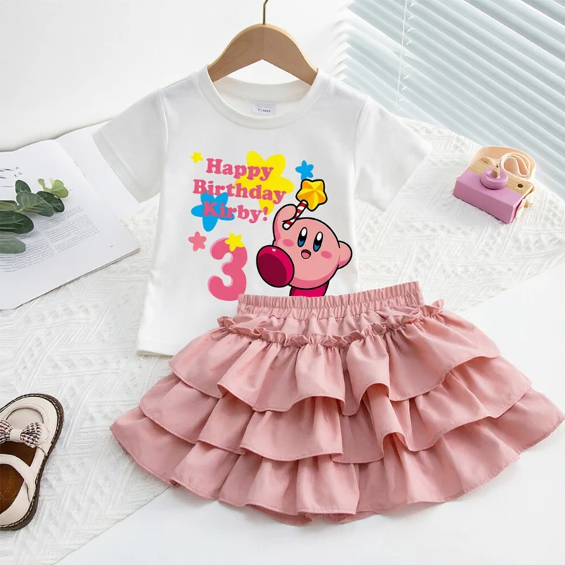 KIRBYS girl T-shirt+Short Skirt Set Birthday Party Kawaii Anime Dress Slimming Trendy kids baby Folding Skirt Clothes Set Gift