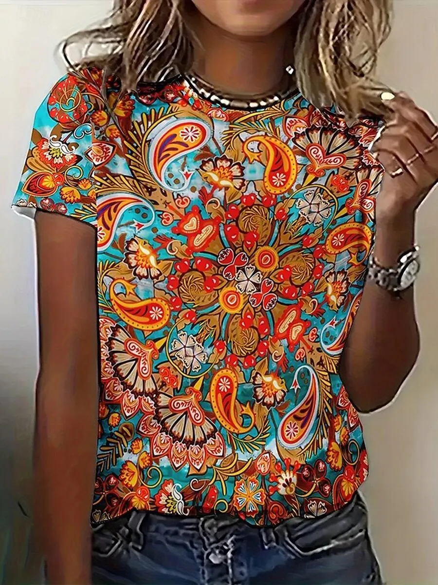 Women's Tribal Graphic T Shirt, Crew Neck Short Sleeve Casual Tops, Blue Orange Tone for Daily Look Spring & Summer