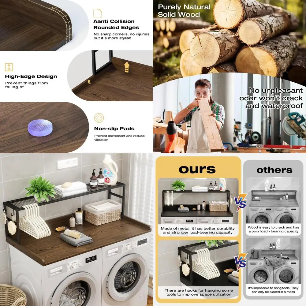 

54 Walnut Solid Wood Laundry Countertop with Storage Shelf for Washer & Dryer