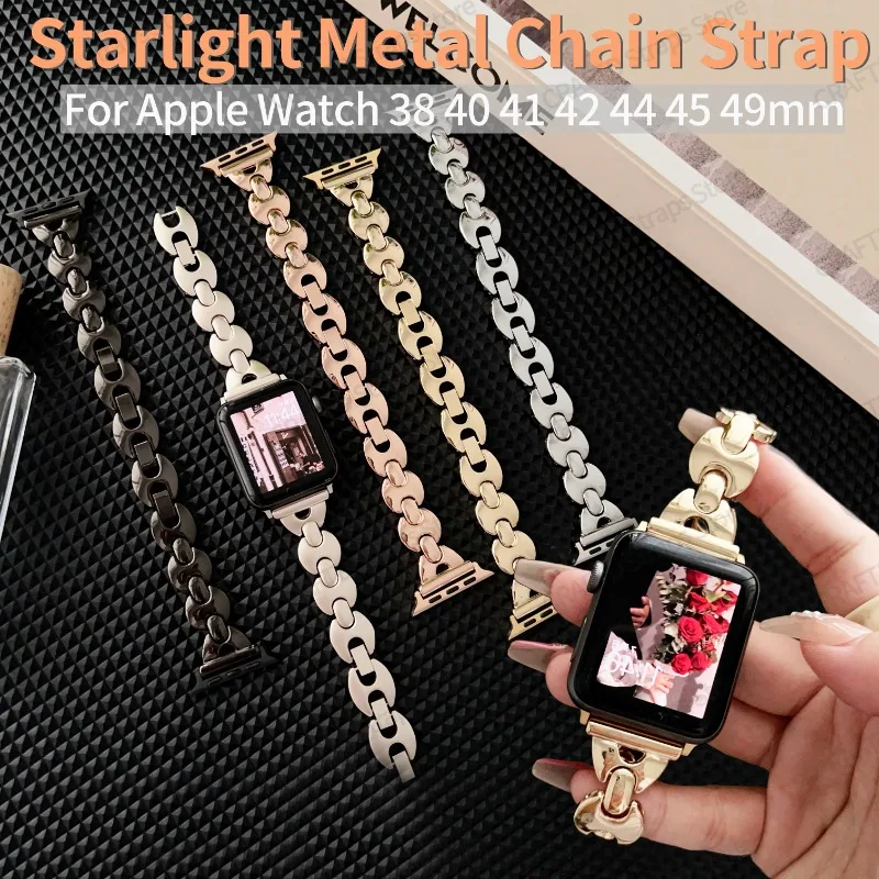 Starlight Metal Chain Strap for Apple Watch Band 40mm 6 SE 5 4 3 Stainless Steel Bracelet for Iwatch Serie 7 44mm 45 42mm Correa