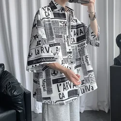 2025 Newspaper Print Shirt Men's Japanese Loose Half Sleeve Blouses Summer Casual Stand Collar Tops for Teen Boys