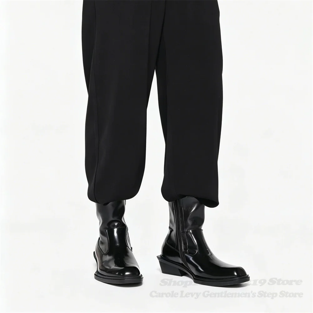 Black Irregular Soled Chelsea Boots for Men Square Toe Glossy Side Zipper High Heels High Top Leather Shoes Chelsea Boots