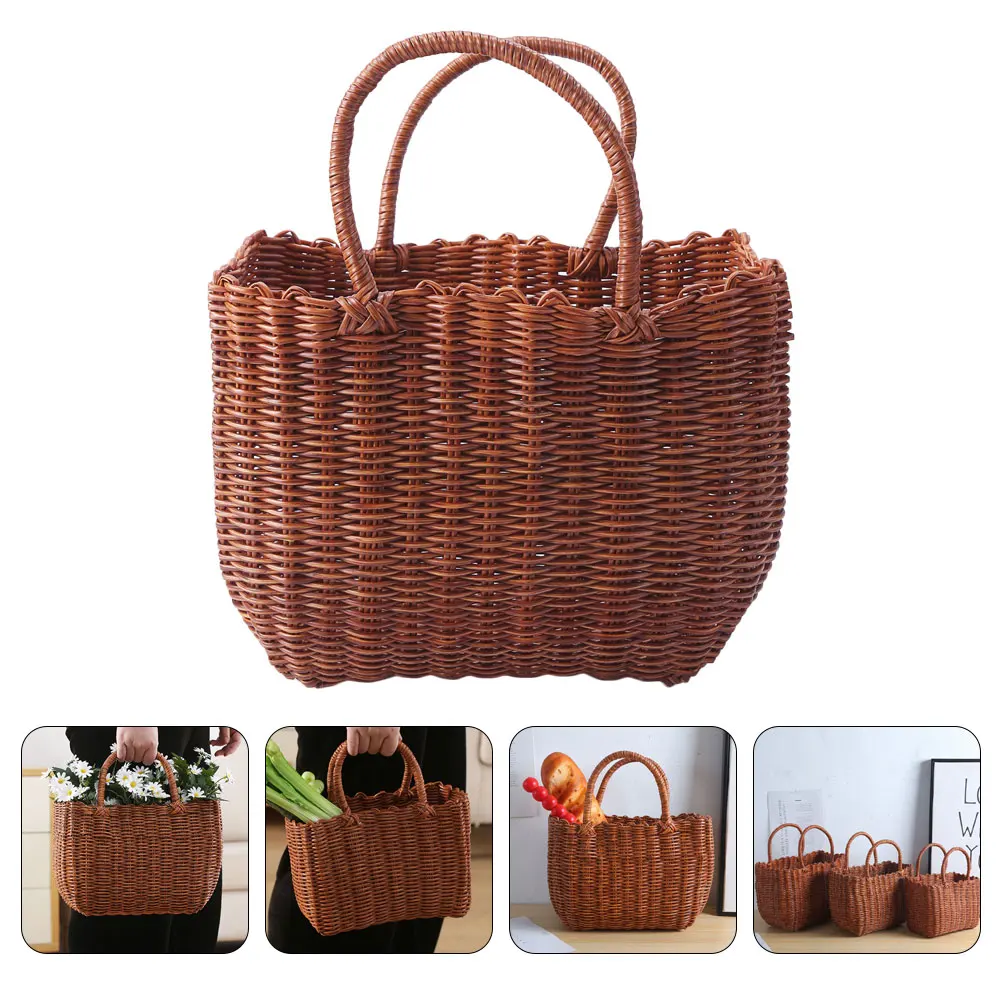 

1pc Handheld Woven Storage Basket Brown Natural Durable For Home Garden Kitchen Fruit Vegetable Organizer Picnic Outdoor