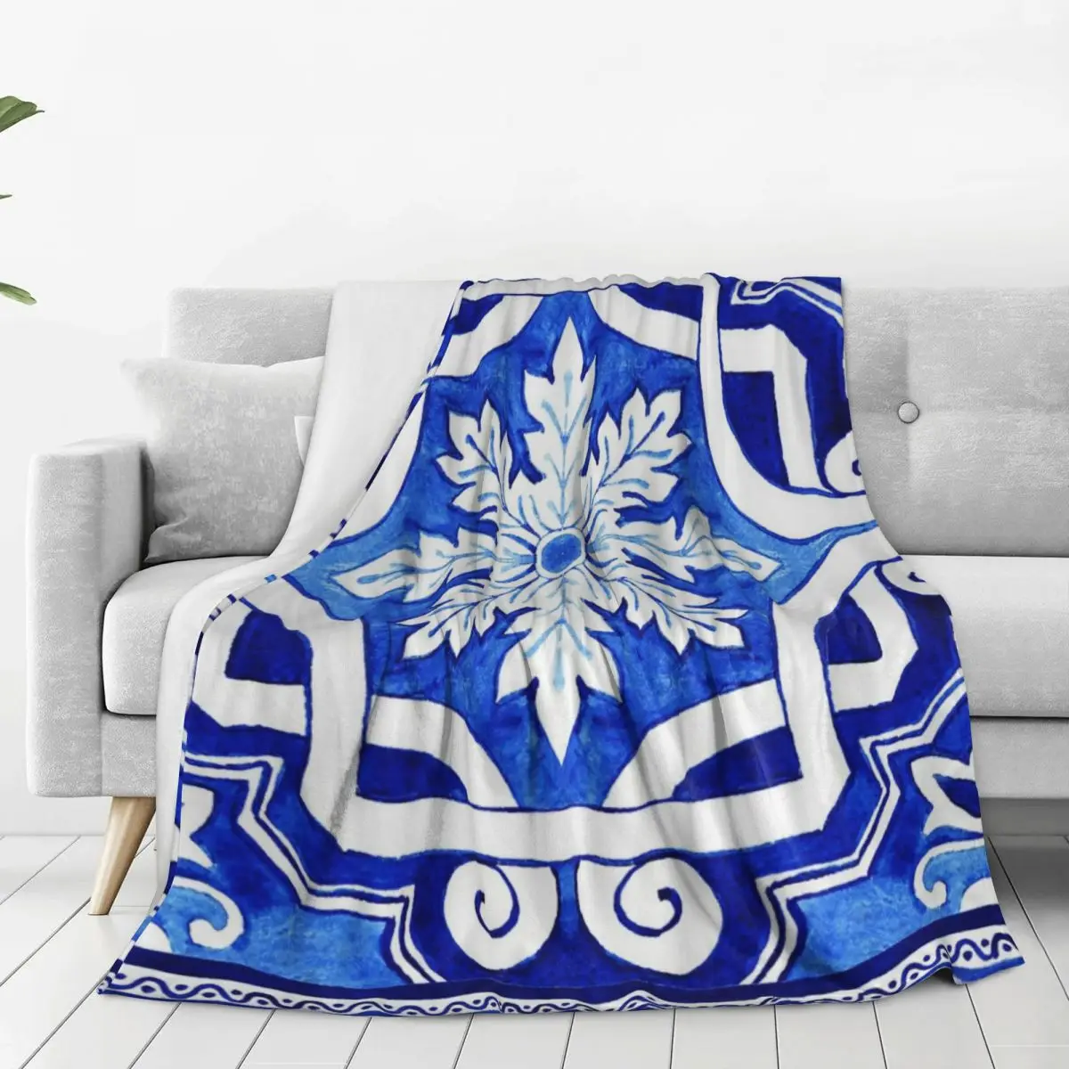 Azulejo Portuguese Tile Watercolor Artwork Blanket Flannel Portable Sofa Throw Blankets For Home Bedroom Office Throws Bedspread