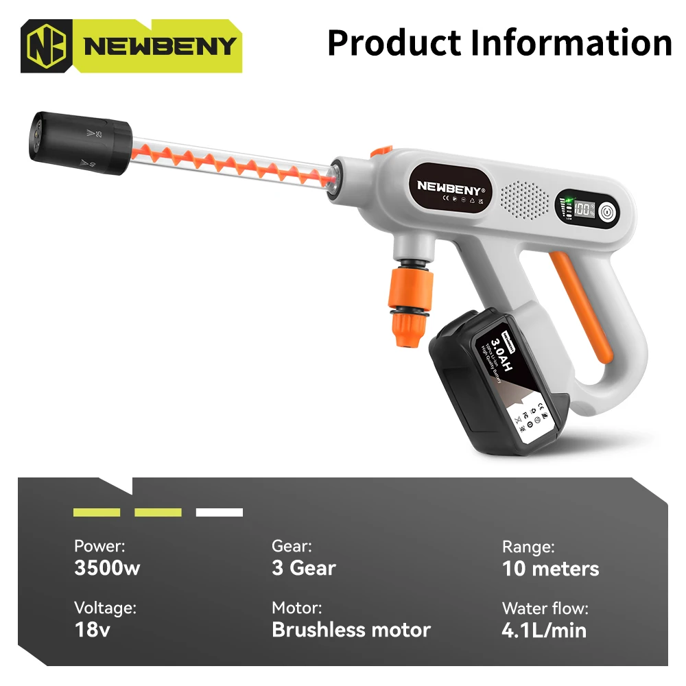 NEWBENY 250Bar 5 IN 1 Brushless Car Washer 3 Gears Efficient Cordless Household Garden Cleaning Tool For Makita 18V-21V Battery