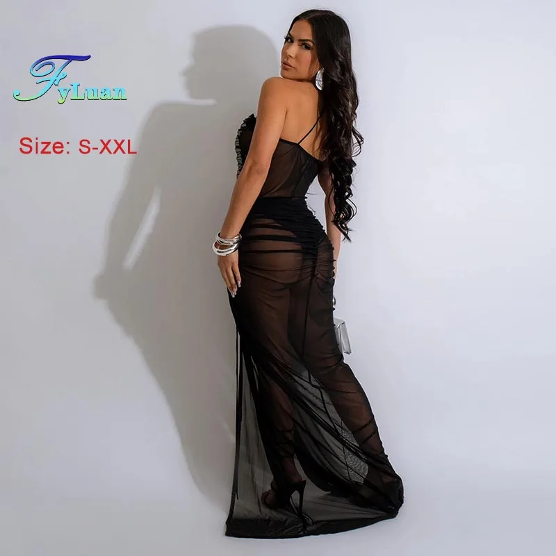 2025 Nieuwe Vrouwen Sexy Avondjurk Effen Kleur Diepe V-hals Zoom Split Lange Jurk Mode See-Through Mouwloze Afslanken dame Jurk