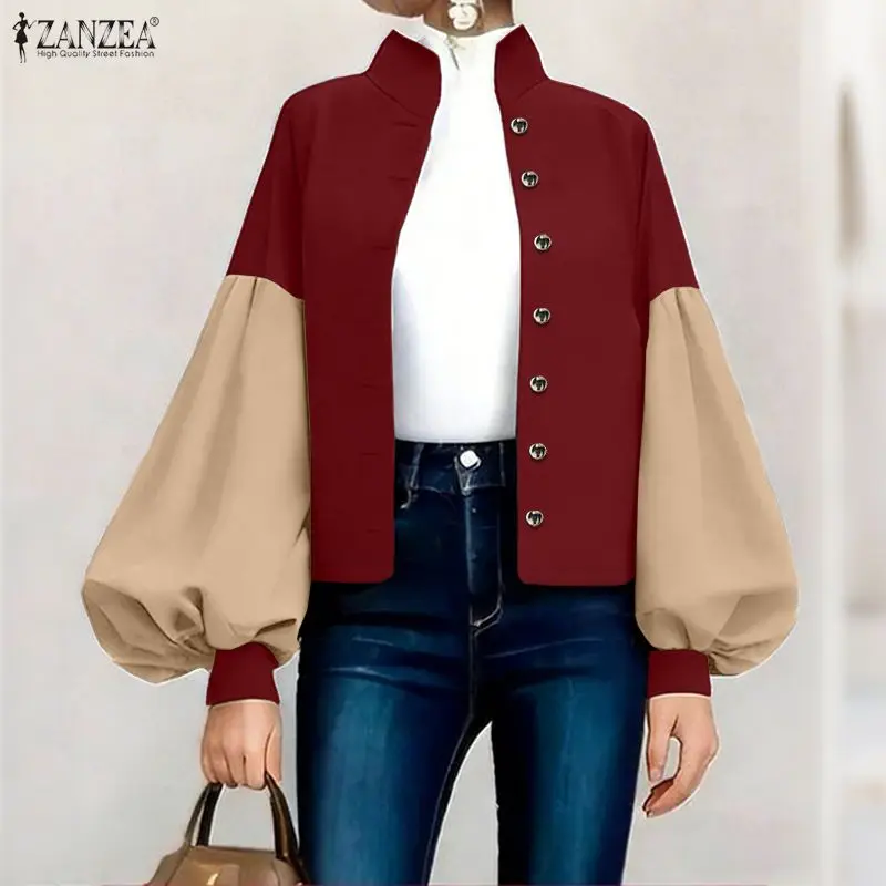 

ZANZEA Woman Stylish Chic Contrast-Color Shirts Lantern Sleeves Stand Collar Button Up Blouses 2026 Spring Casual Chemises Femme