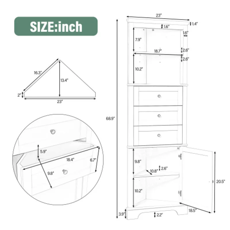 FENGSHUO MDF Board Simple Triangle Tall Cabinet  With 3 Drawers And Adjustable Shelves For Bathroom Kitchen Or Living Room