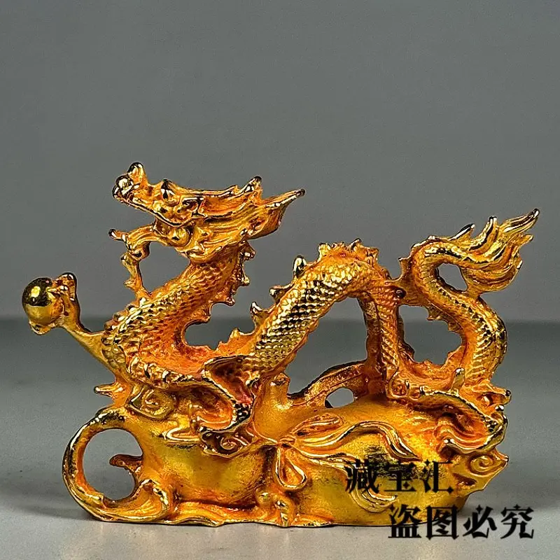 Vintage Gilded Hand Chiseled Twelve Zodiac Dragon Green Dragon Presents Treasure Home Decor Luck Attracting Golden Dragon Statue