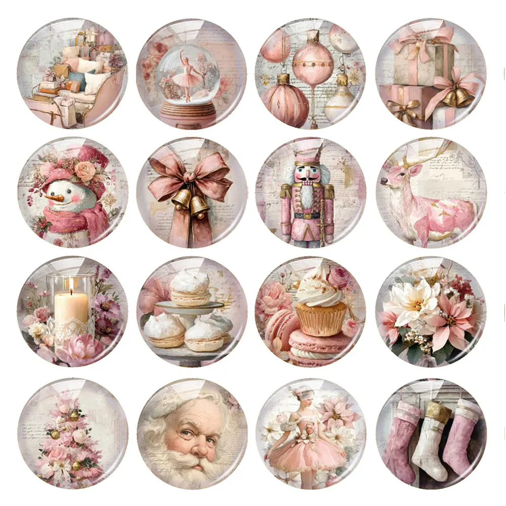 Random Mixed Round/Oval/Square Pink Christmas Tree Santa Bell Photo Glass Cabochon Flatback Demo Cameo For Diy Jewelry Making