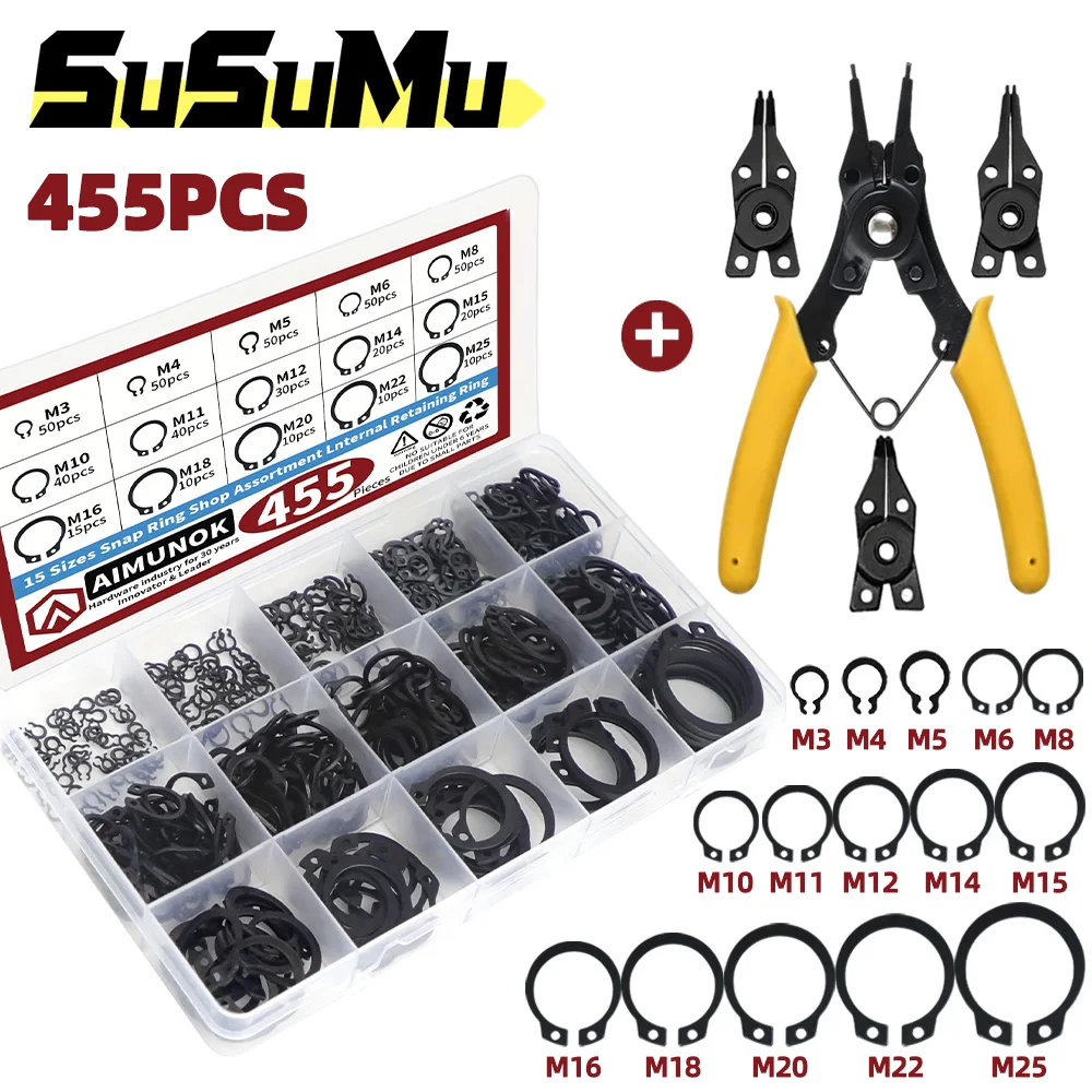 455pcs Assortment Kit Steel Retaining Clip Snap C Type Internal Circlip Pliers Set Snap Ring Head Retaining Circlip Pliers Tools