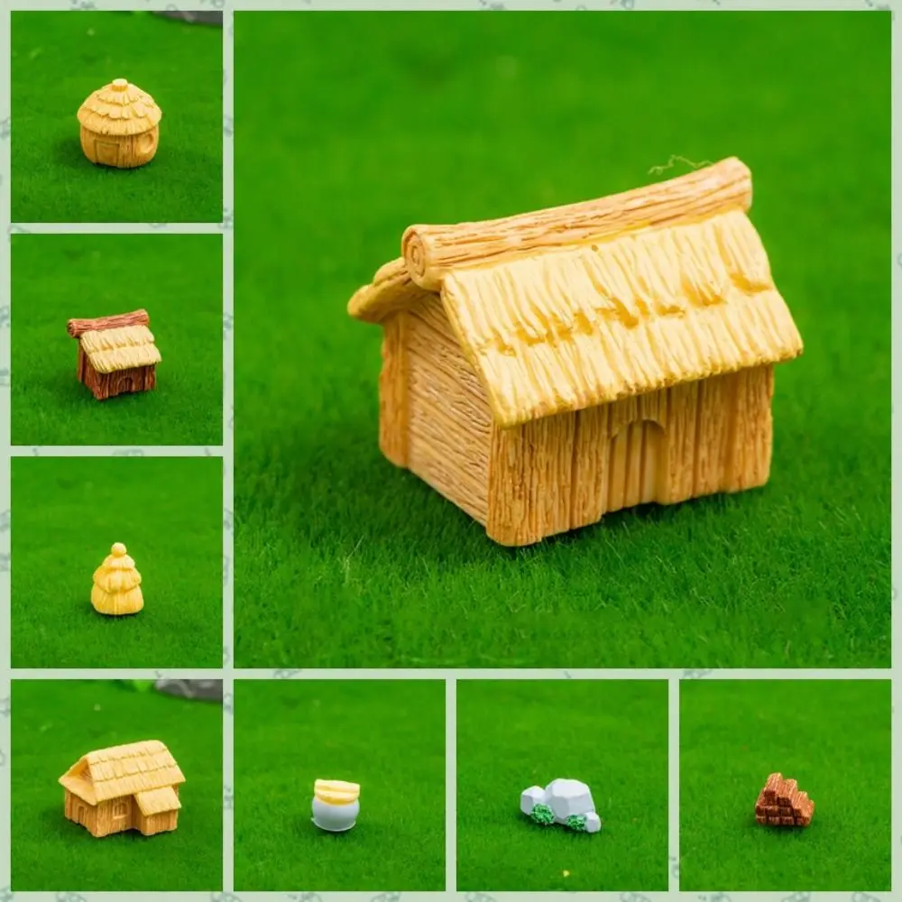 Mini Thatched Cottage Micro Landscape Decorative Rural Style Mini Village Houses Resin Small House Statue For Home Decoration