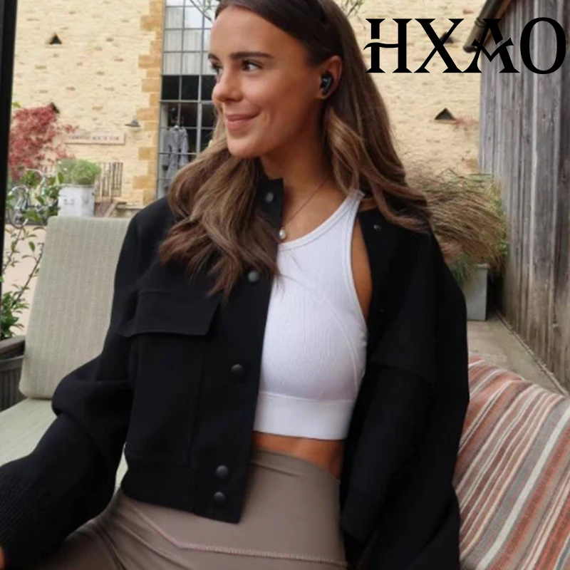 HXAO Giacche da donna Demi-Stagione Bomber corto Donna Primavera Autunno Manica lunga Cappotti solidi Giacca da baseball con bottoni Donna