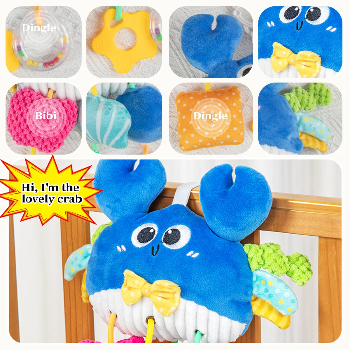 ألعاب مقعد السيارة للأطفال، لعبة سرطان البحر المعلقة مع مشبك وخشخيشات، لعبة مريحة للرضع، مثالية للنزهات، وقت البطن #4