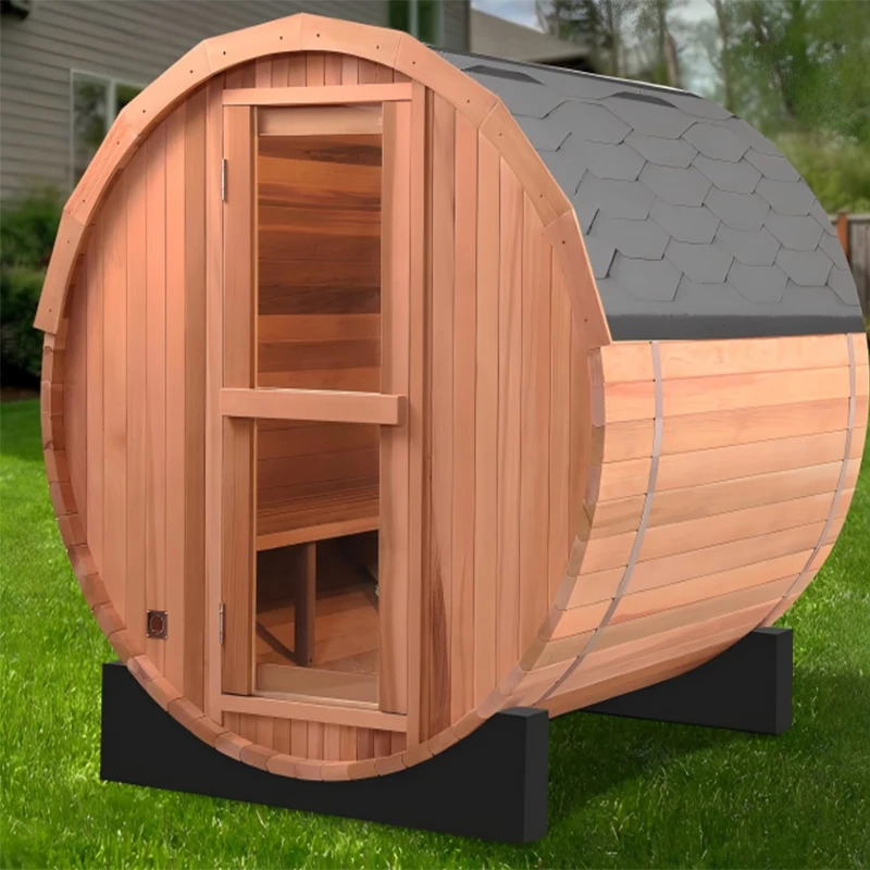 Outdoor 6 Person Barrel Sauna Room with Asphalt Shingle Roof Red Cedar Wood Steam Sauna with 6KW Heater Tempered Glass