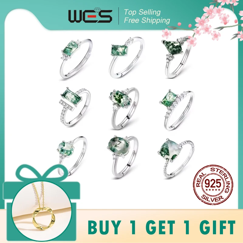 

Женское открытое кольцо из стерлингового серебра WES 925, классическое уникальное кольцо с кристаллами зеленого мха и агата, подарок на помолвку, оптовая продажа, овальная огранка