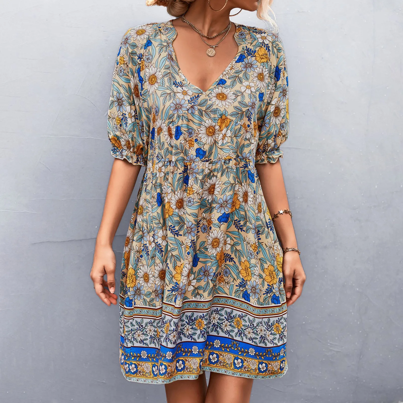 

Floral Puff Sleeve Summer Dress For Women Casual Loose Ruffle Boho Holiday Beach Sundress Vintage Elegant Lace-Up Mini Dresses