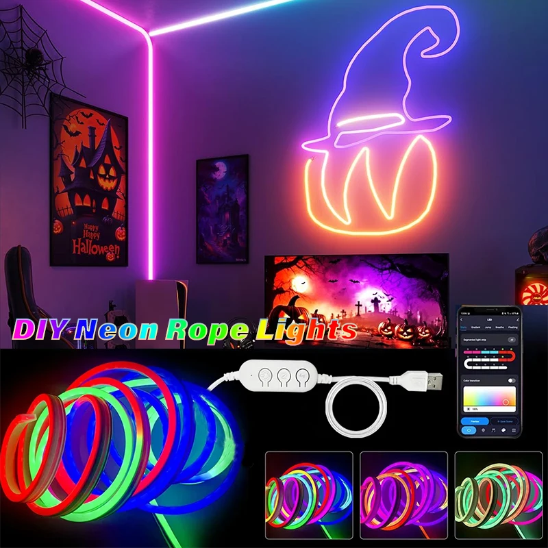 

USB RGB Neon LED Strip 1/2/3M IP65 Waterproof Flexible Neon Strip Bluetooth App Control DIY Shape Pickup Light Room Home Decor