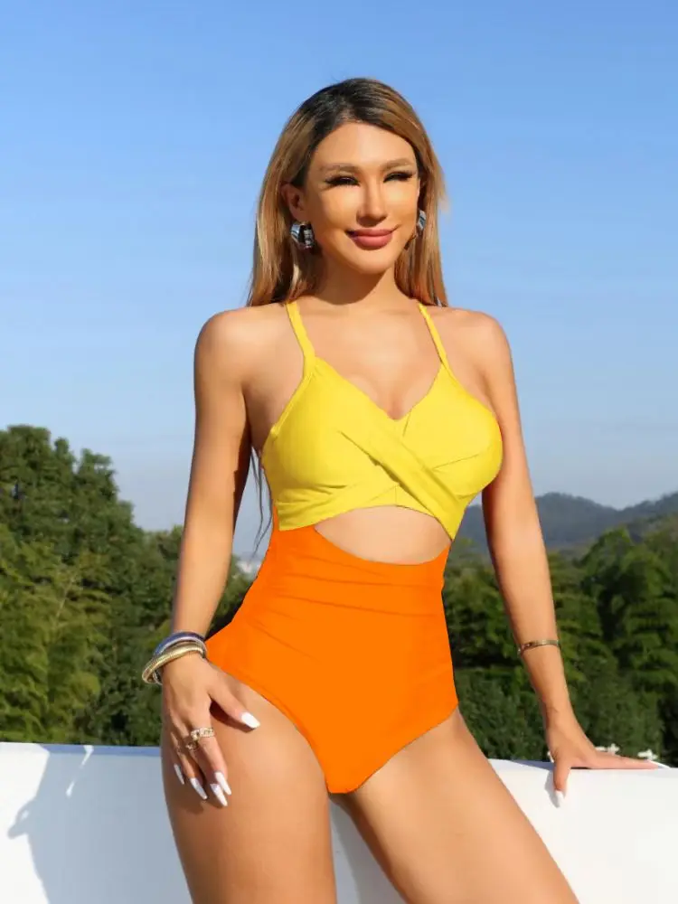 Cikini-Traje de baño de retazos cruzados ahuecados, traje de baño sexy, sin espalda, Correa ajustada, ropa de playa de una pieza, Verano