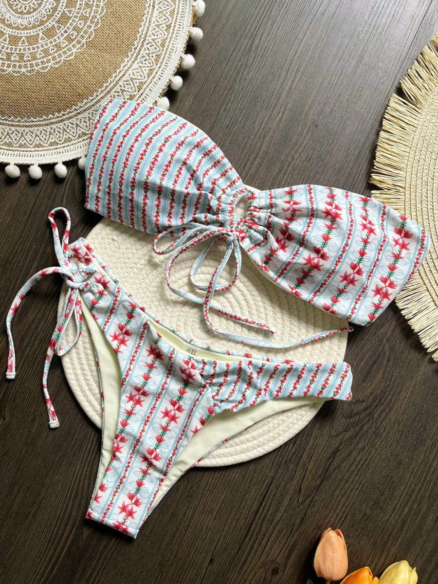 Bikini Set dla kobiet Rose Red Stripe Print Strapless Backless Swimsuit Suit Beach Vacation Thong Sexy Swimwear 2025 New Style