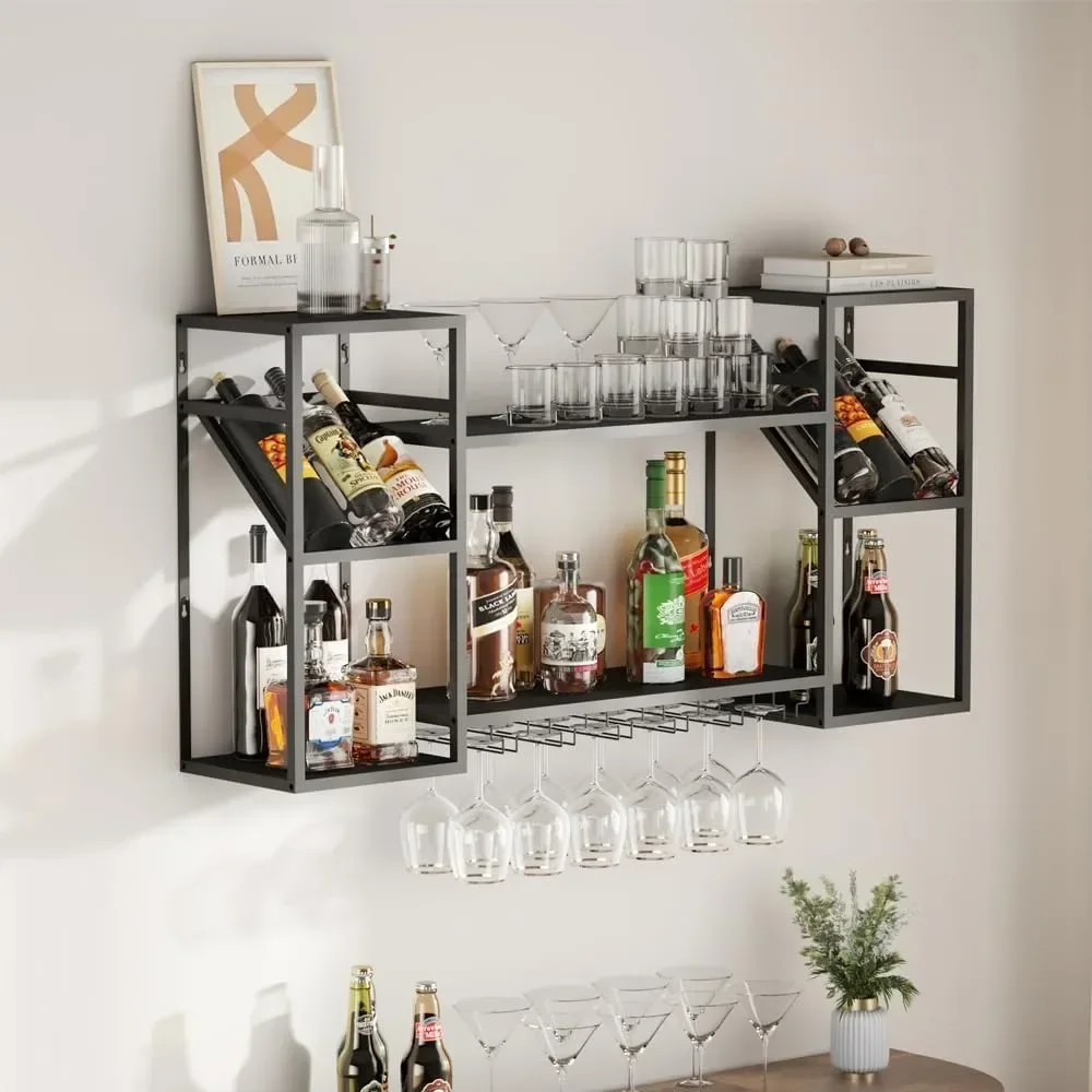 

%a Metal Floating Bar Liquor Shelves 2 Tier, Wall Mounted Wine Rack with Glass Holder Storage, Wall Bar Shelf Wine Display Stor
