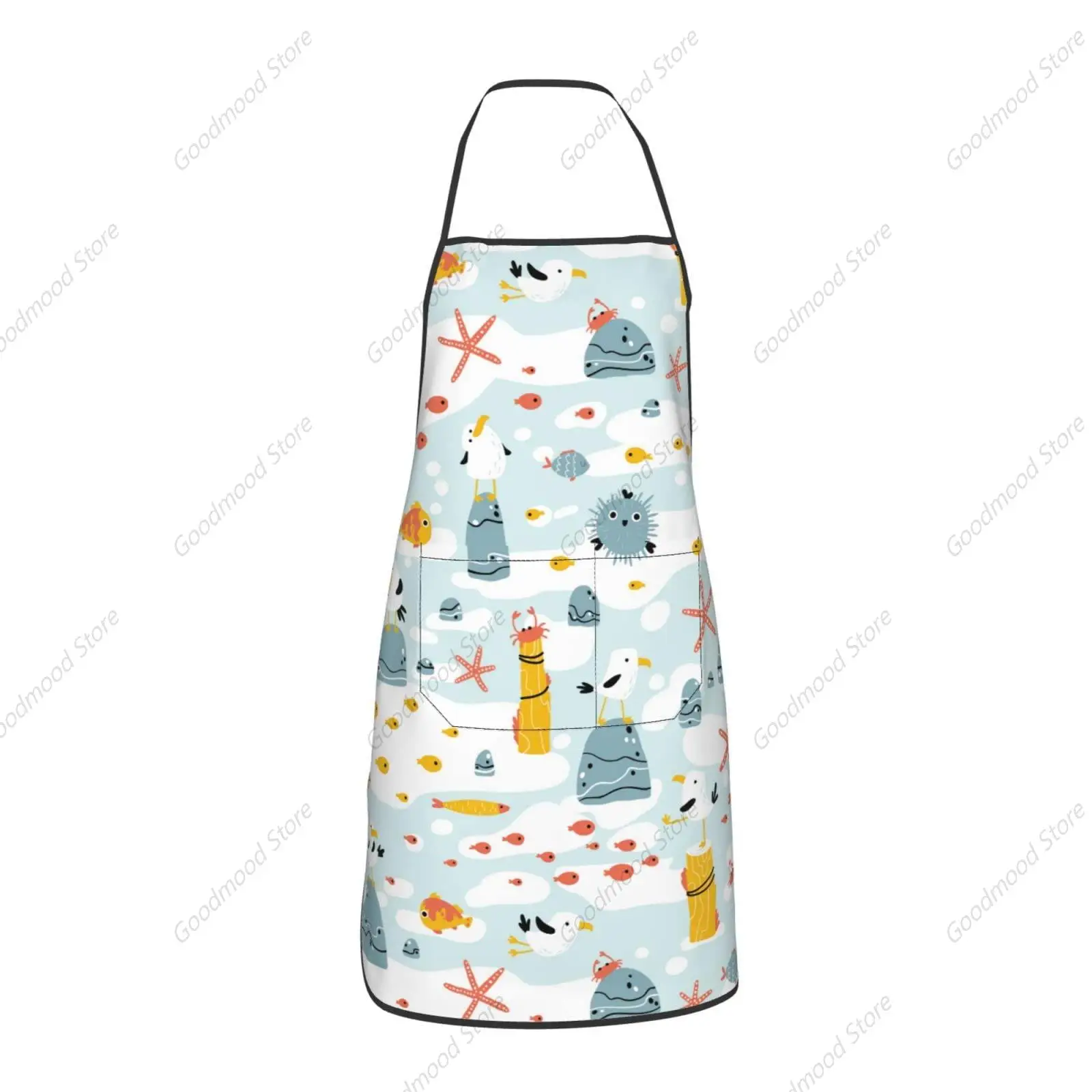 Funny Gulls and Marine Animals White Apron for Women Men Teen with Pockets Aprons for Cooking Chef Kitchen BBQ