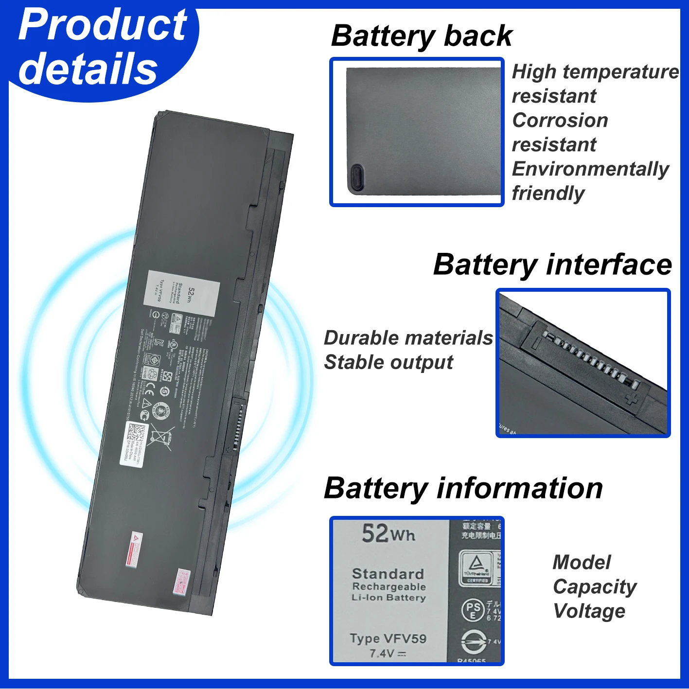 New VFV59 7.4V 52WH 7027mAh Laptop Battery For DELL Latitude E7240 E7250 Series W57CV 0W57CV GVD76 High-quality