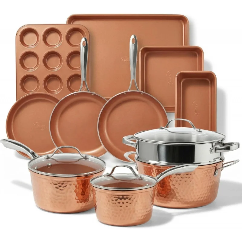 

15Pc Copper Ceramic Nonstick Cookware Set, Induction Pots & Pans/Bakeware & Steamer, Non Toxic PFOA PFOS, Oven Safe