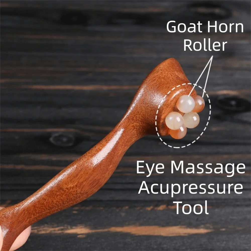 

Массажер для глаз с ручкой из сандалового дерева, пять бусин, мини-инструмент Гуаша, прочный, для уменьшения отеков, роликовый массажер для лица