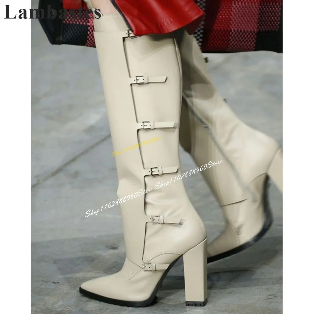 

Runway Apricot Buckle Strap Decor Boots Knee High Thick Heel Shoes For Women Side Zipper Pointed Toe 2024 Zapatos Para Mujere