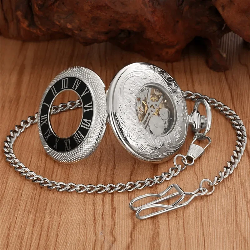 Silver Roman Number Case Men Women Handwinding Mechanical Pocket Watch FOB Chain Half Hunter Skeleton Timepiece