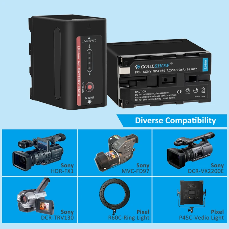 8700mah Battery Power for Sony NP F970 F960 F550 F750 F770 NPF970 NPF980 MC1500C LED Power bank Indicator USB Charge Output