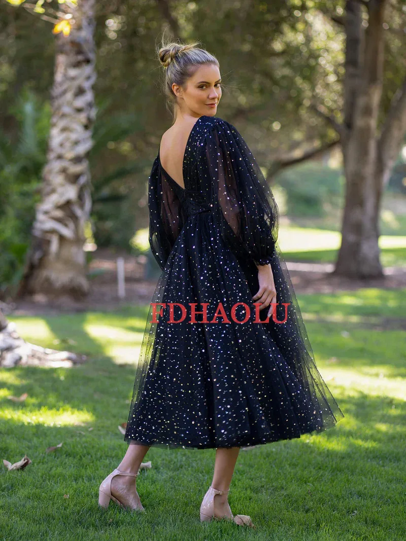 FDHAOLU Black Star Tulle Prom Dresses Romantic Evening Gowns Vintage Formal Gowns Vestido De Festa