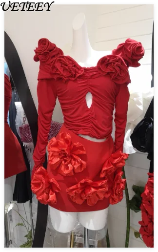 2024 automne nouveau élastique à manches longues 3D Floral à manches longues petit haut taille minceur piste Style minceur noir Blouses pour les femmes