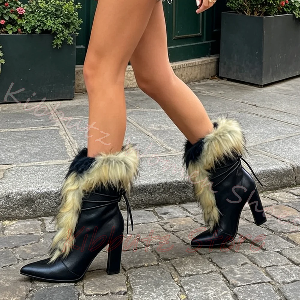 Women Ankle Boots Fur Trim Lace Up Stiletto High Heels Ladies Winter Sexy Warm Party Dress Shoes Mixed Color Fashion