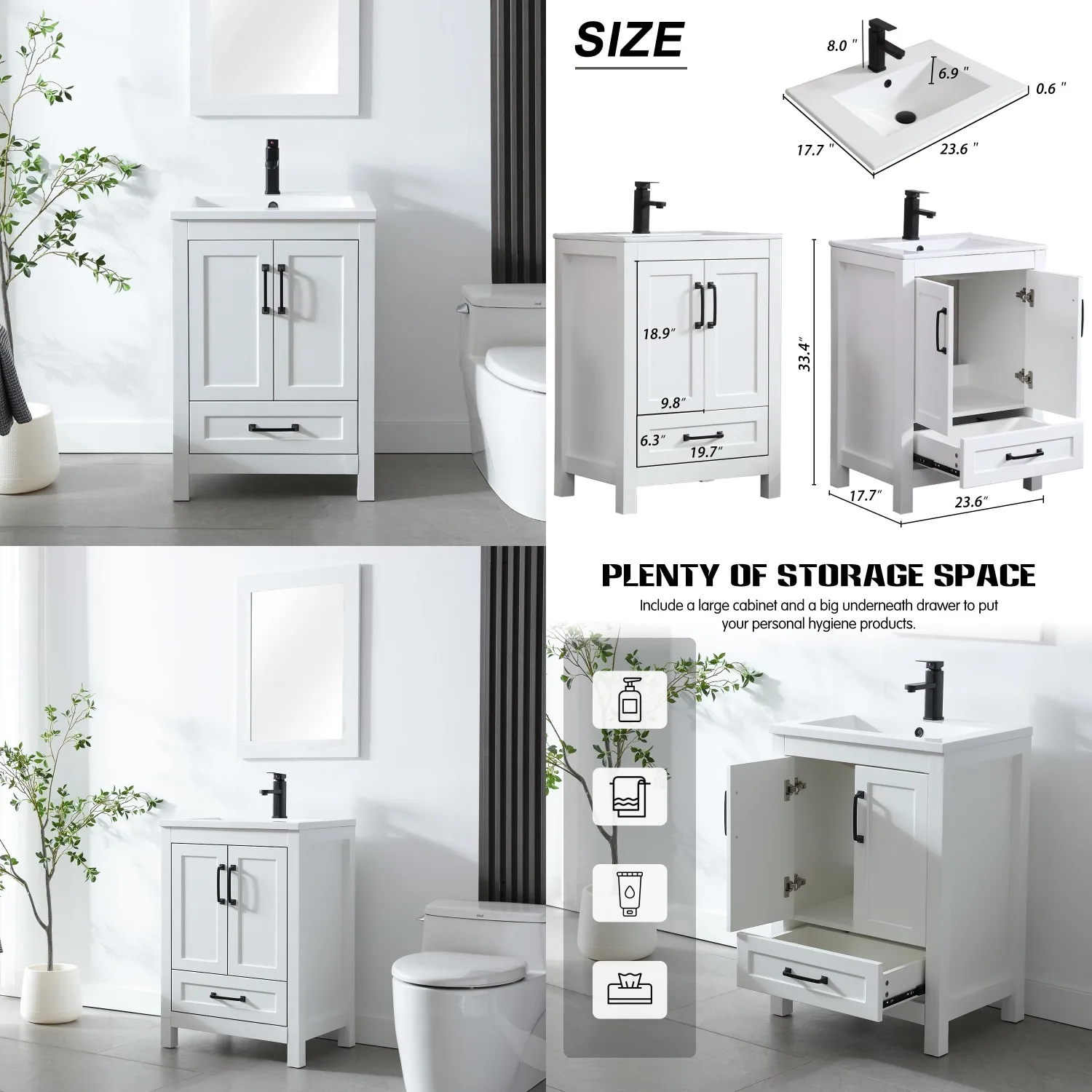 

24in Modern Bathroom Vanity Cabinet Ceramic Basin Sink Faucet Combo No Mirror White, Customized
