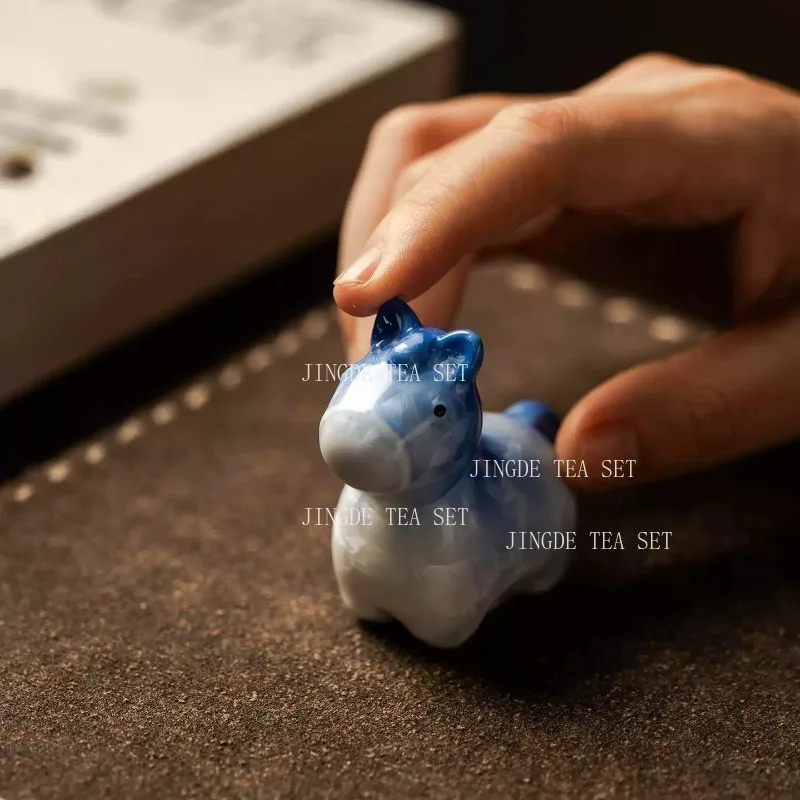 2pcs Blue and White Gradient Ceramic Horse Tea Pet Figurine with Ice Crackle Glaze Cute Animal Statue for Tea Table Decor view 4