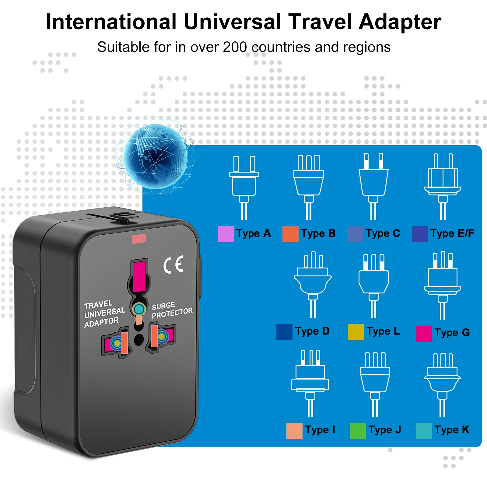 อะแดปเตอร์ Universal Travel Plug 1 USB และ 1 พอร์ตชาร์จ Type-C เครื่องชาร์จติดผนังตัวแปลงไฟ AC เหมาะสําหรับ USA, EU, UK, AU