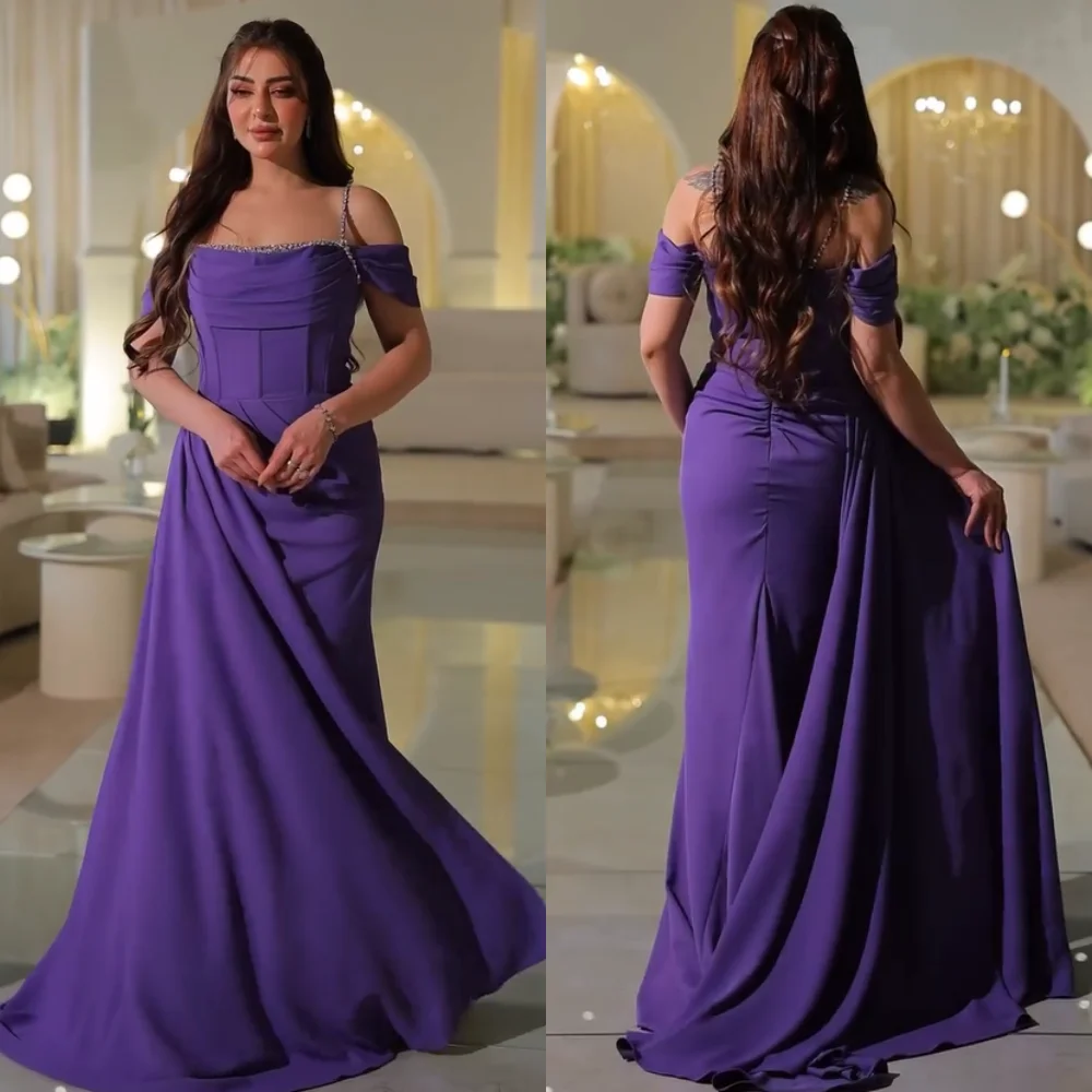 

Customized Exquisite Jersey Sequined Pleat Straight Off-the-shoulder Long Dresses Bespoke Occasion Fashion