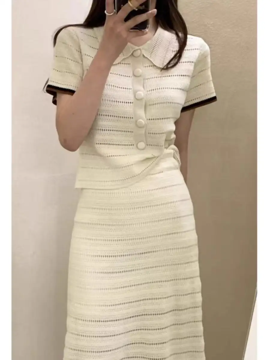 

Korean Fashion Knit Sets Women Clothing Hollow Out Contrast Color Turn Down Collar Short Sleeve Tops and High Waist Skirts Suits