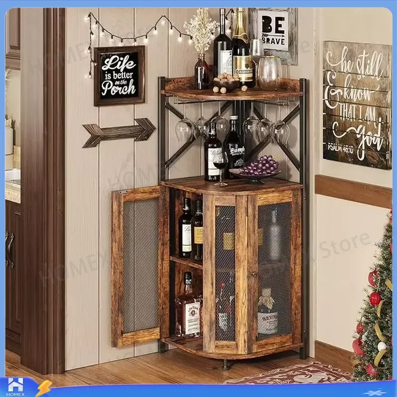 Industrial Corner Bar Cabinet with Glass Holder 4 Tier Wine Rack Storage Unit Mesh Door Mini Bar Furniture for Small Space