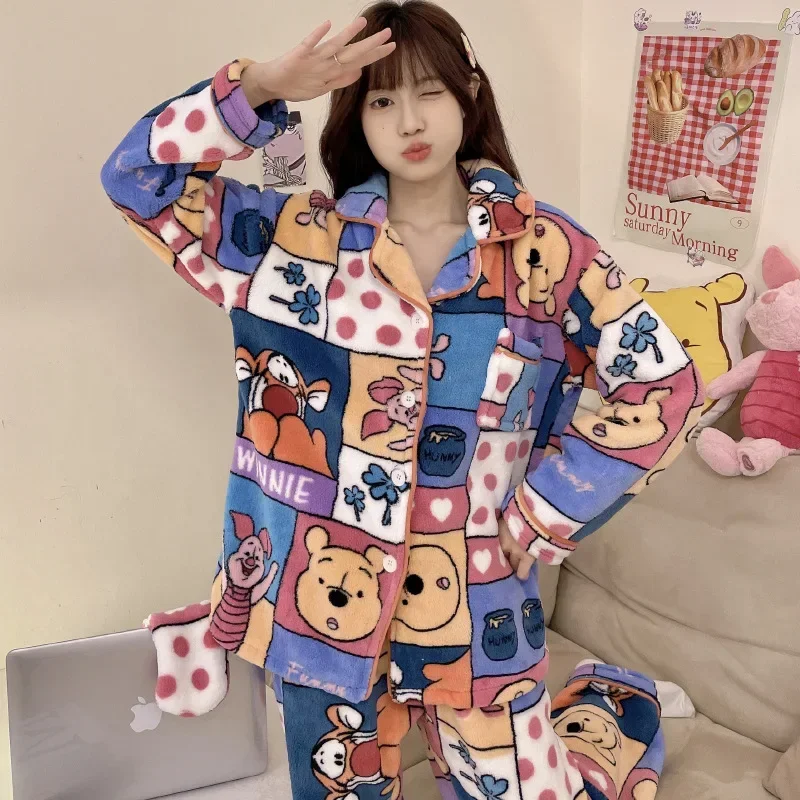 Disney Winnie the Pooh winter new flannel pajamas women\'s fleece thickened cute cartoon casual loungewear