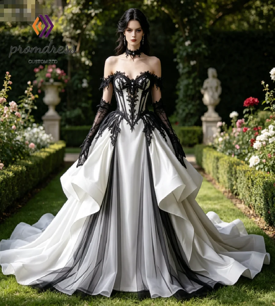Off Shoulder Gothic Wedding Dress White And Black Princess Lace Gradient Tulle Ombre Bridal Gowns Vintage Rebellious Vampire