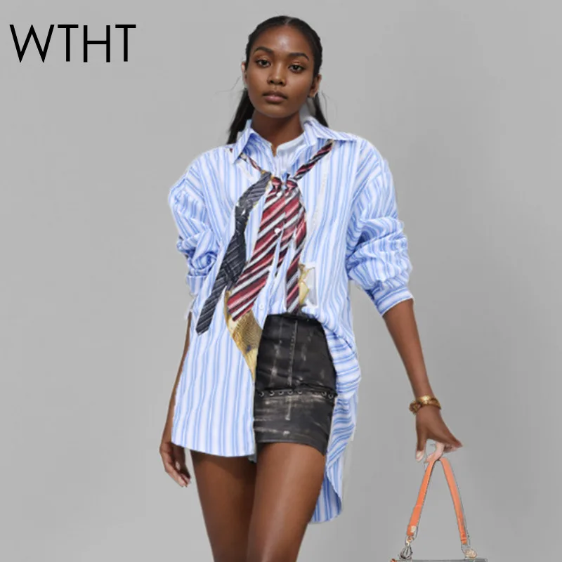 

WTHT Fashion Women's Tie Print Design Striped Shirt 2025 Summer Trendy New Turn-down Collar Long Sleeve Blouse Female 1LS1994