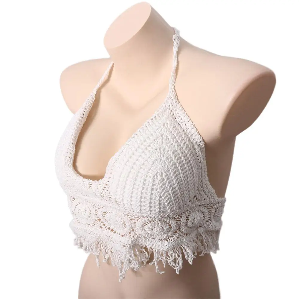 Summer Tassel Short Sleeveless Beachwear Bohemia Style Vest Knitted Bikinis Female Embroidery Camisole Women Crochet Swimsuit