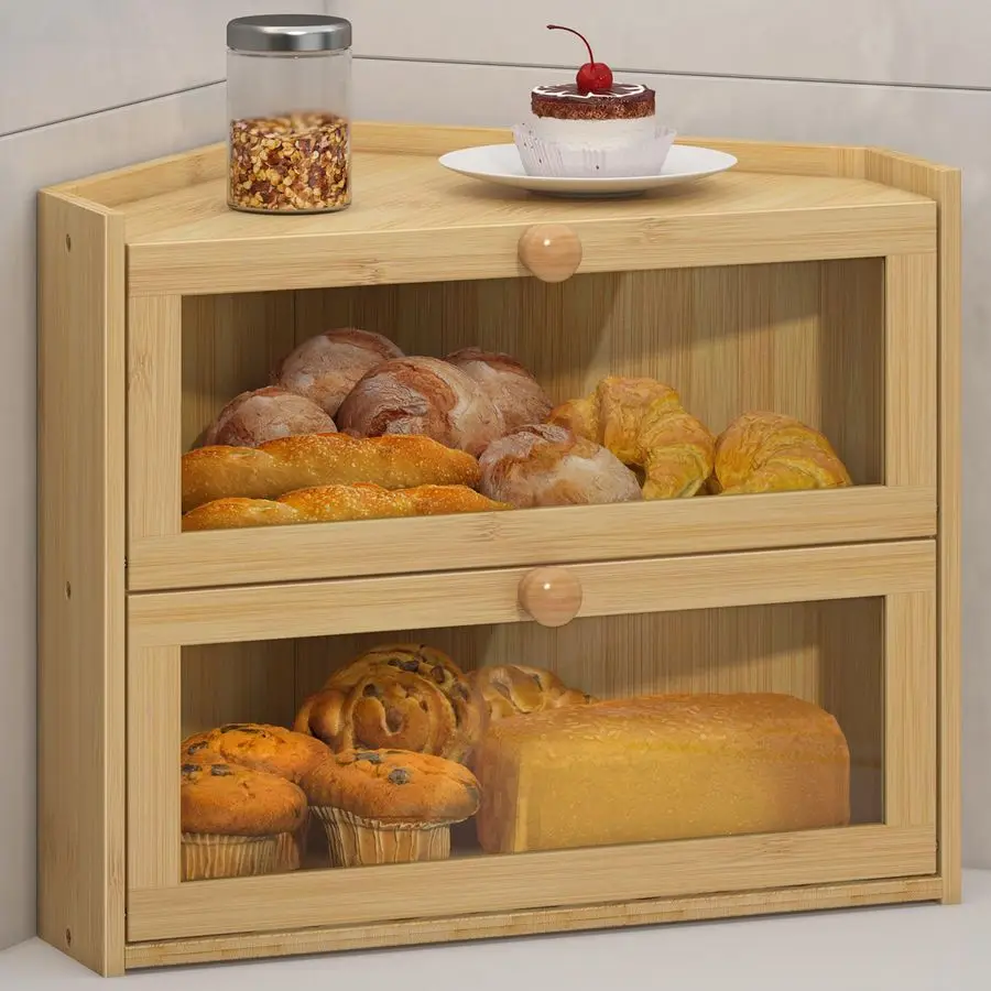 

Corner Bread Box for Kitchen Countertop, Large Bread Container Storage Bamboo Wooden Farmhouse Bread Box with Window Bread Holde