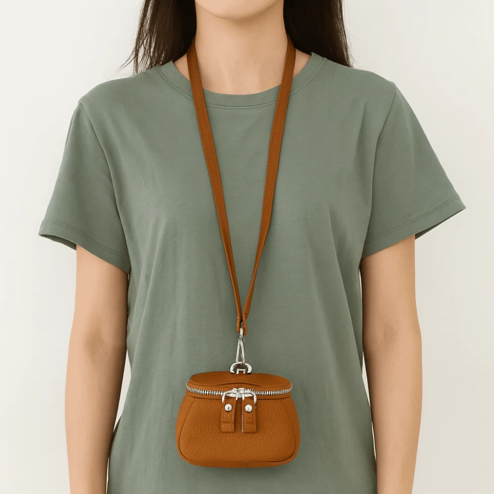 Solid Color Hanging Neck Coin Purse Genuine Leather Lipstick Earphone Pouch Lanyard Wallet Makeup Storage Purse Mini Storage Bag