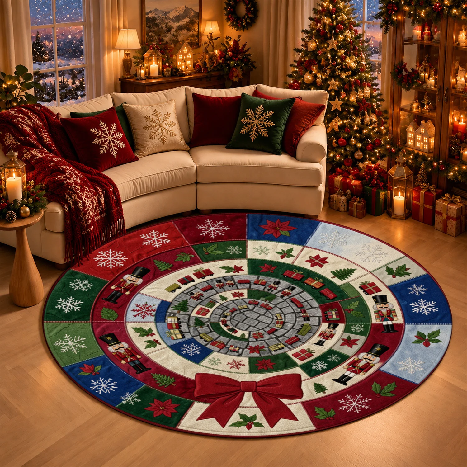 Nutcracker Snowflake Poinsettia Gift Train Pattern Velvet Round Christmas Tree Skirt Machine Washable for Living Room Holiday Display Dining Area Halloween Thanksgiving Black Friday Christmas New Year