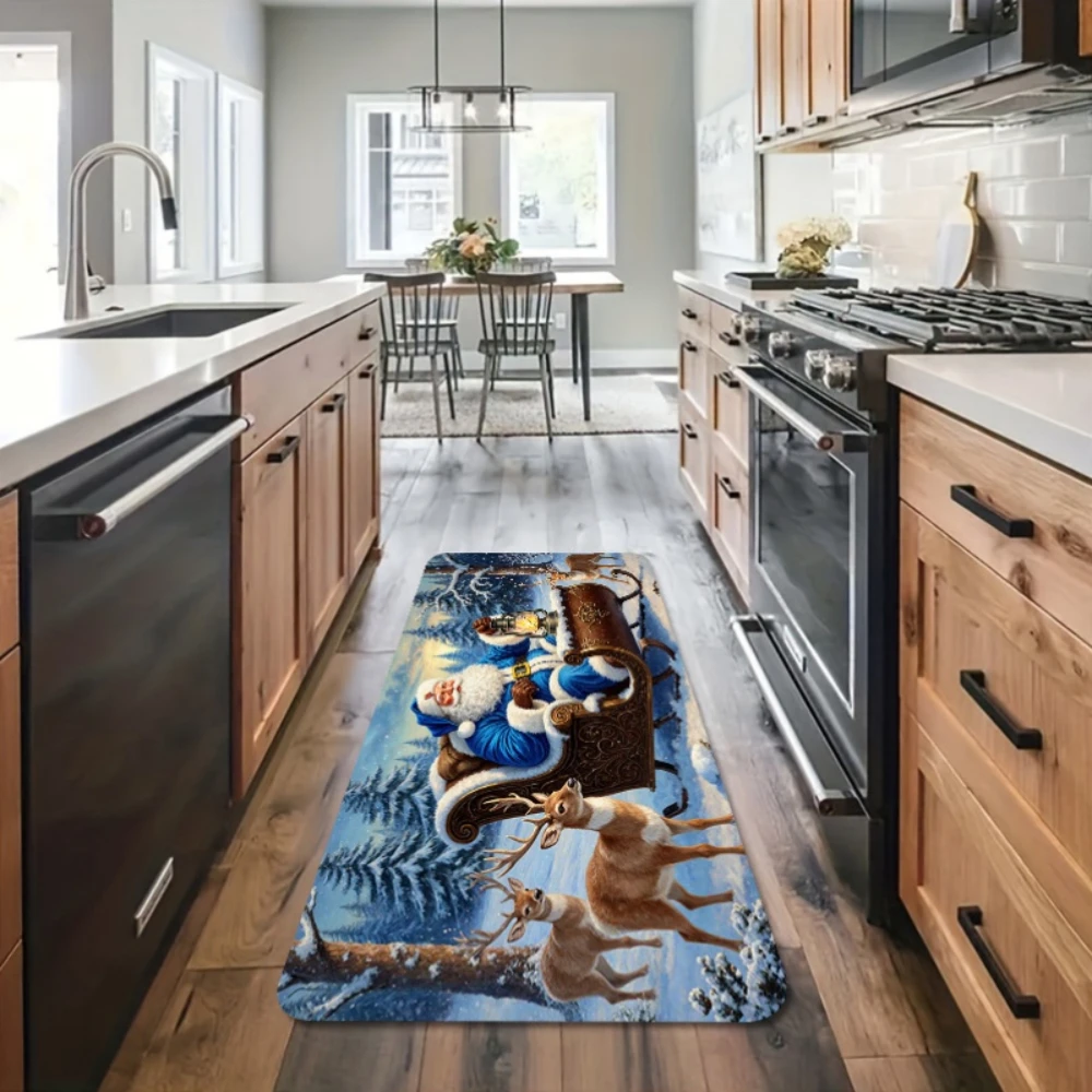 Christmas Blue Santa Sleigh Reindeer Runner Rug Kitchen Living Room Holiday Decor Bedroom Hallway Floor Mat Laundry Doormat